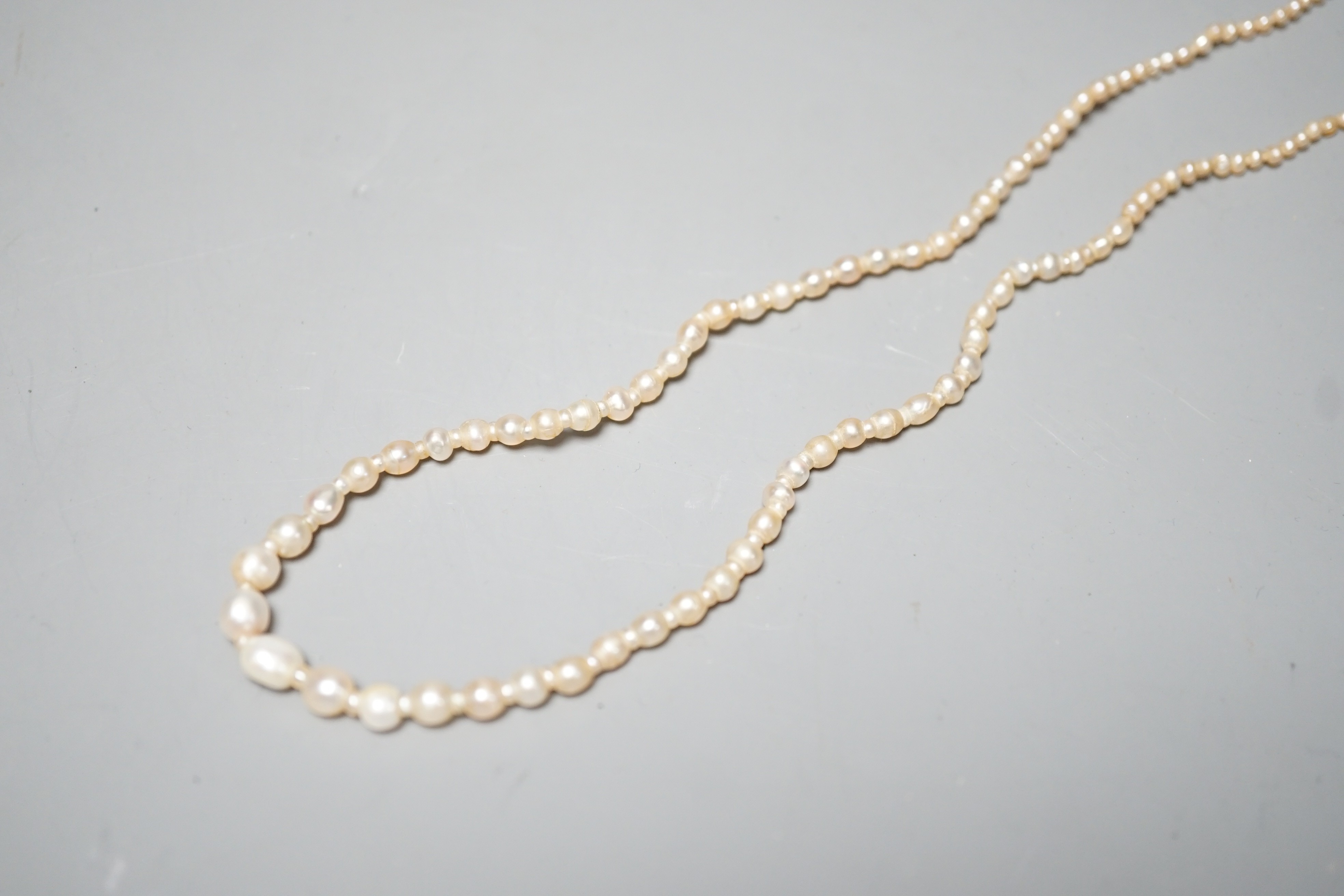 A single strand graduated natural saltwater pearl necklace, with sapphire and diamond set clasp, 44cm, gross weight 7 grams, with accompanying GCS report dated 23/11/2022.